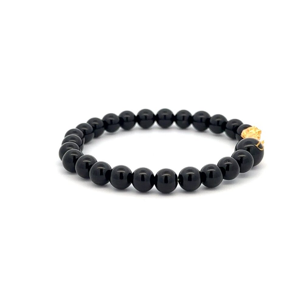18K Gold Pixiu Piyao Bracelet Gemstones Onyx 6mm Elastic Bracelet Letter D - Picture 3 of 6